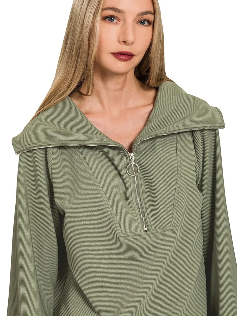 ZENANA SIZE M Olive Ribbed Olive Green Ribbed Half-Zip & Wide Leg Pant set